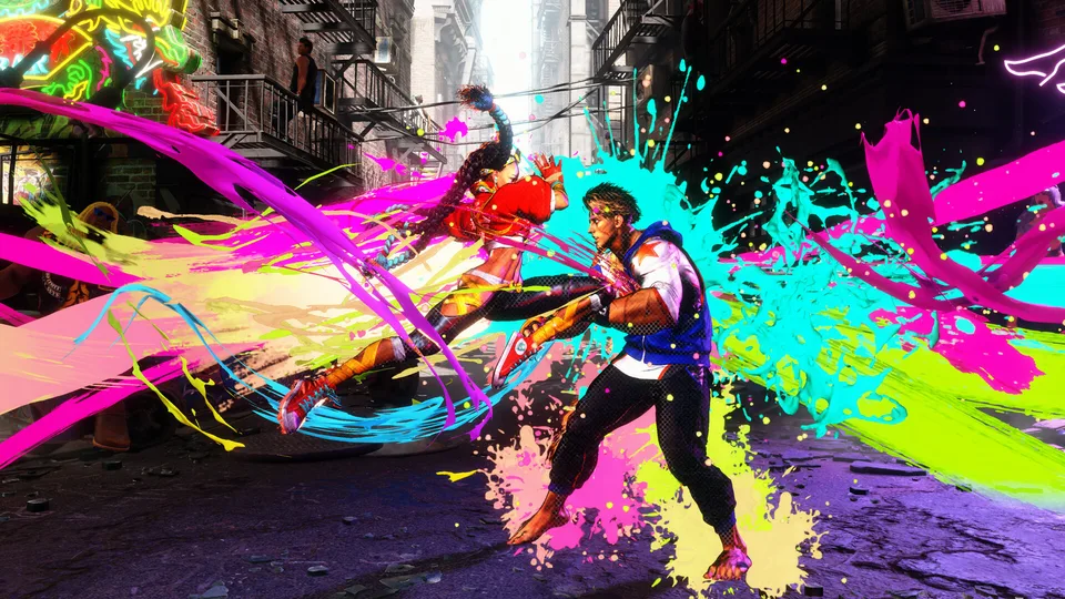 Street Fighter 6 fighters surrounded by vivid graffiti-style Drive effects