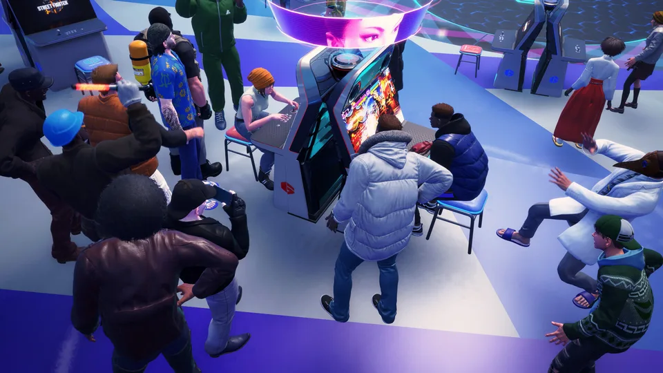 Players and their avatars gathering around arcade cabinets in the Street Fighter 6 Battle Hub