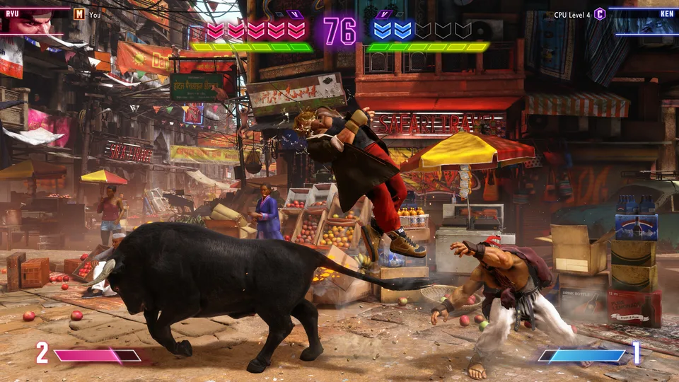 Street Fighter 6 fighters brawling in a busy city street